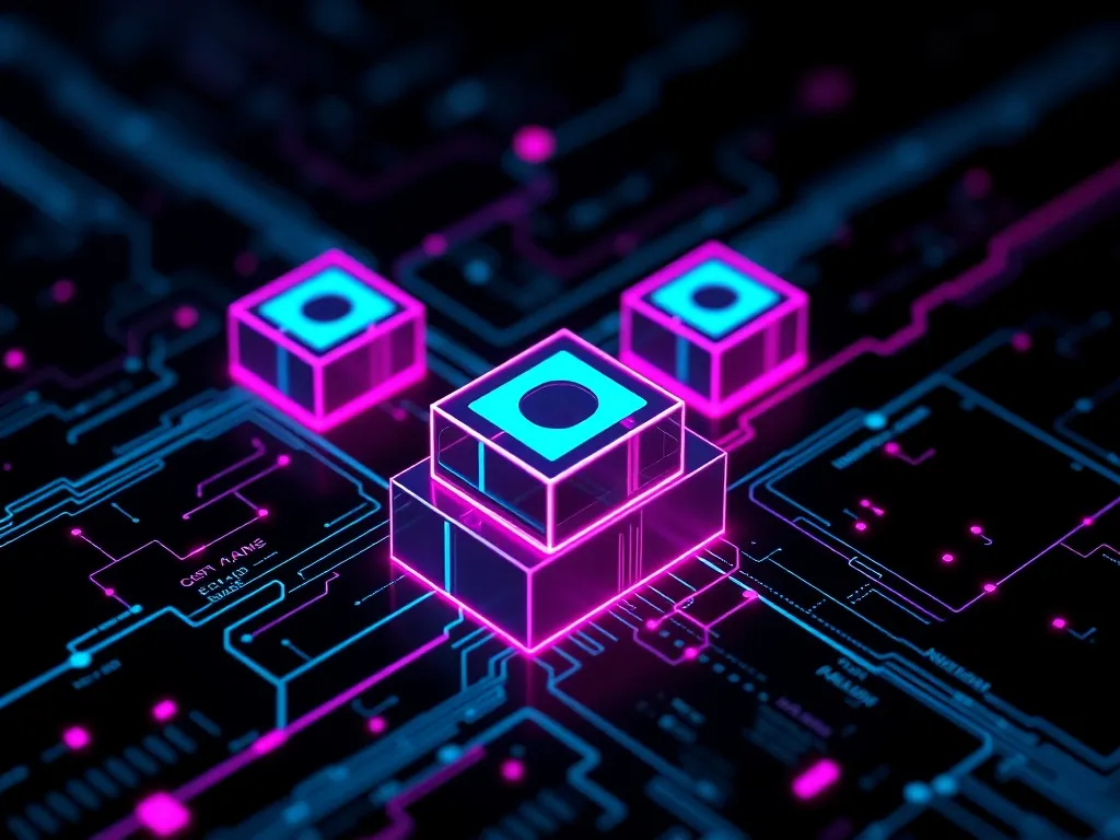 A technical 3D visualization of digital blocks and data stre