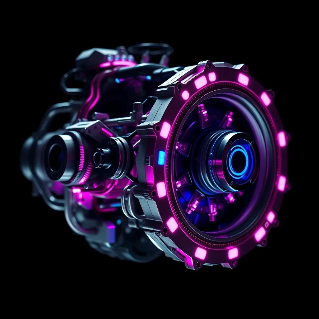 A high-tech mechanical engine with glowing magenta and cyan